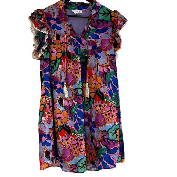 THML Abstract Floral Print V-Neck Dress Tassels  Ruffle Cap Sleeve Boho Size M - Picture 1 of 7
